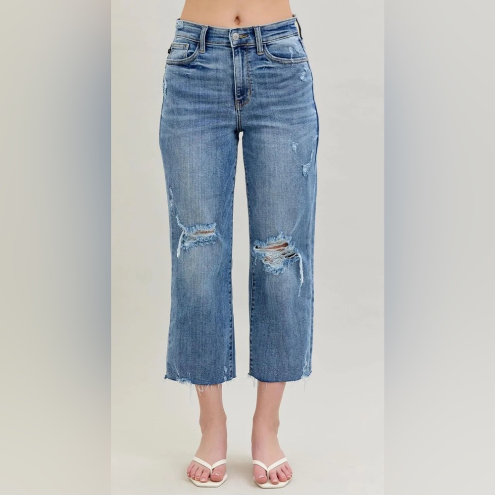 Judy Blue High Waist Destroy Wide Leg Crop Denim Jeans 82256 Women’s Size 11/30